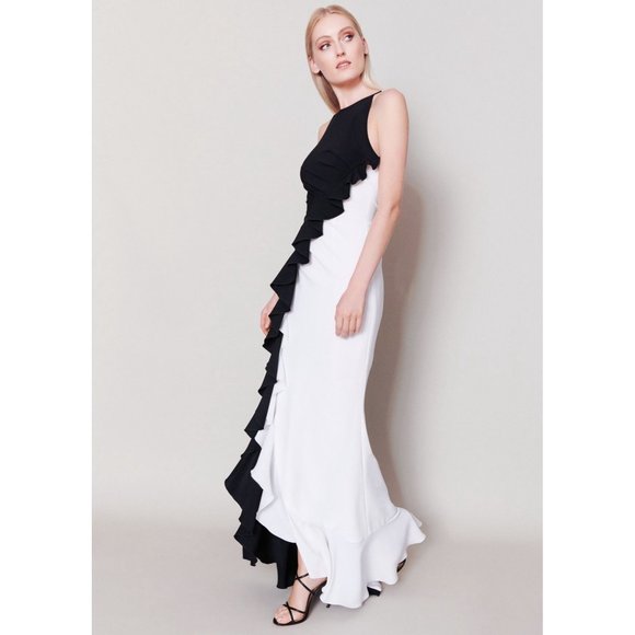 🆕TALBOT RUNHOF Bobbin2 Ruffled ColorBlock Gown Black & White 10 - Picture 3 of 16